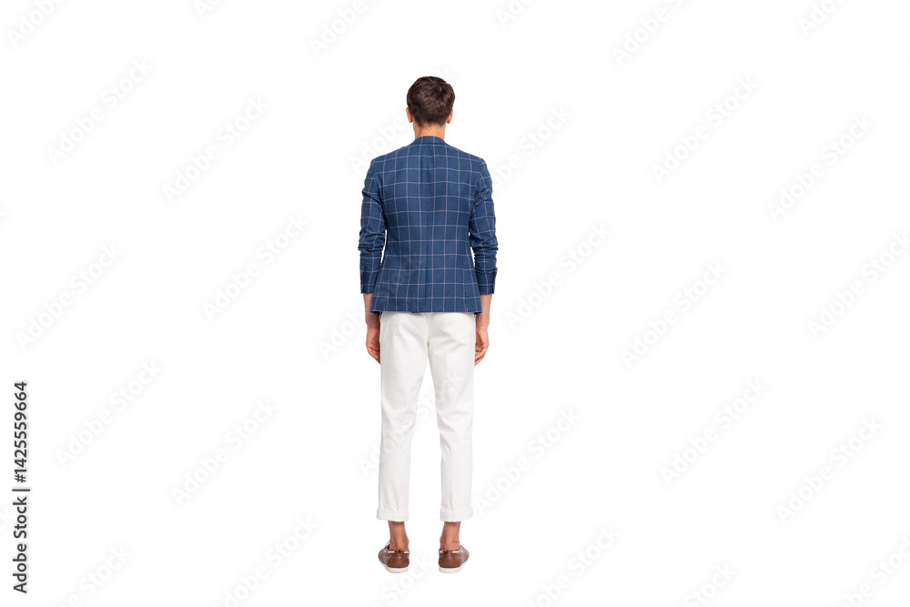 Naklejka premium Back rear full body photo of modern youth stand wear checkered plaid look blazer jacket pants trousers isolated over white background