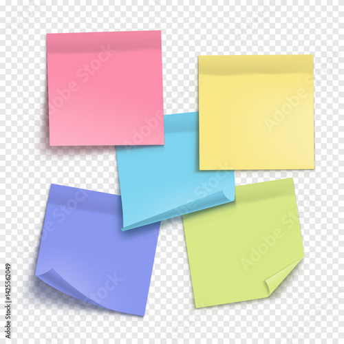 Vector colorful note paper isolated on transparent background. Realistic sticky note. Mockup of paper for design.