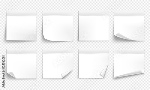 Vector white note paper isolated on transparent background. Realistic sticky note. Mockup of white note paper for design.