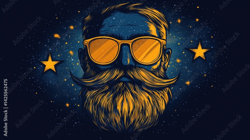 Fototapeta premium Bearded man with sunglasses and starry sky background