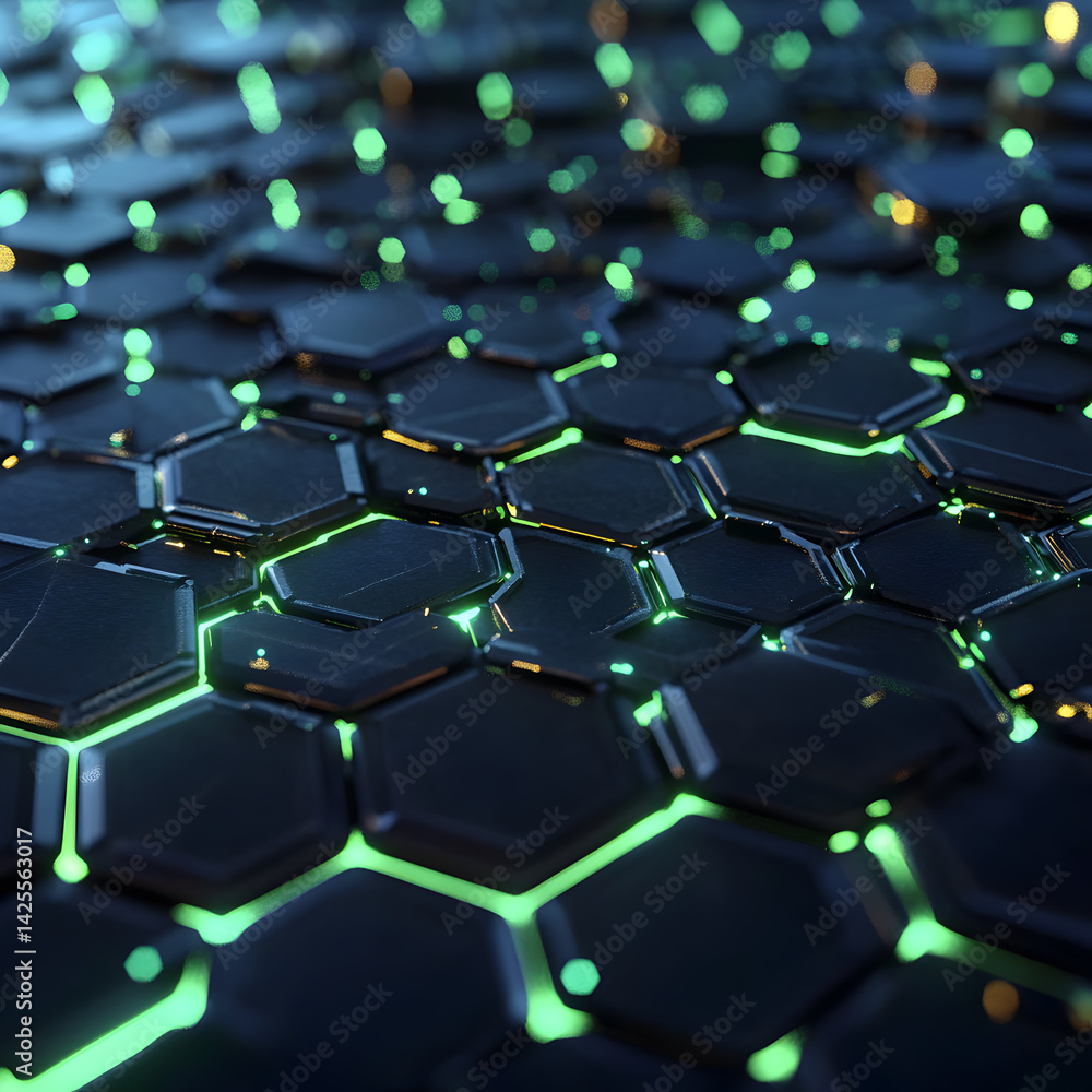 Fototapeta premium Hexagonal Tech Landscape: A visually captivating array of interconnected hexagonal tiles forming a futuristic and innovative technology landscape.