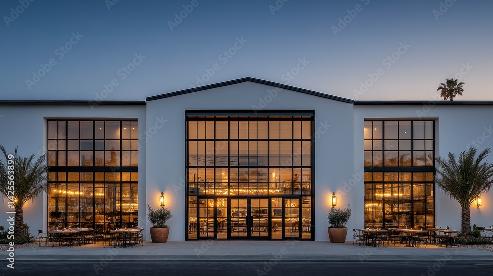 Obraz premium Commercial Building Exterior with Large Windows and Minimalist Geometric Design at Dusk