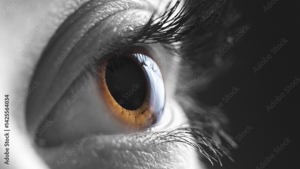 Fototapeta premium Macro shots of human eyes. Shallow DOF. Developed from RAW; retouched with special care and attention; Small amount of grain added for best final impression. 16 bit Adobe RGB color profile.