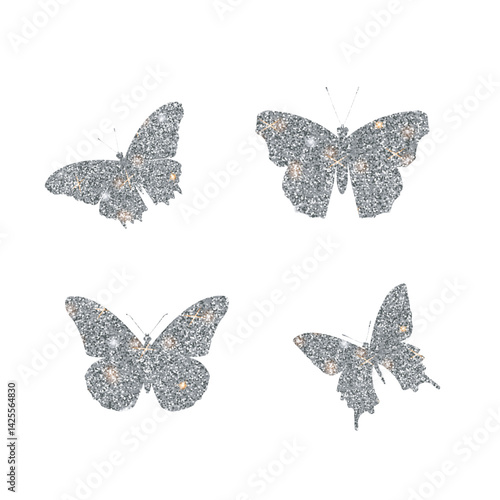Set of vector glitter silver bright butterfly. Design elements for card. Beautiful glitter butterflies isolated on white background.