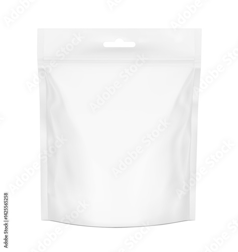 Realistic stand up pouch bag with hang slot mockup. Front view. Vector illustration isolated on white background. Ready for your design. EPS10.