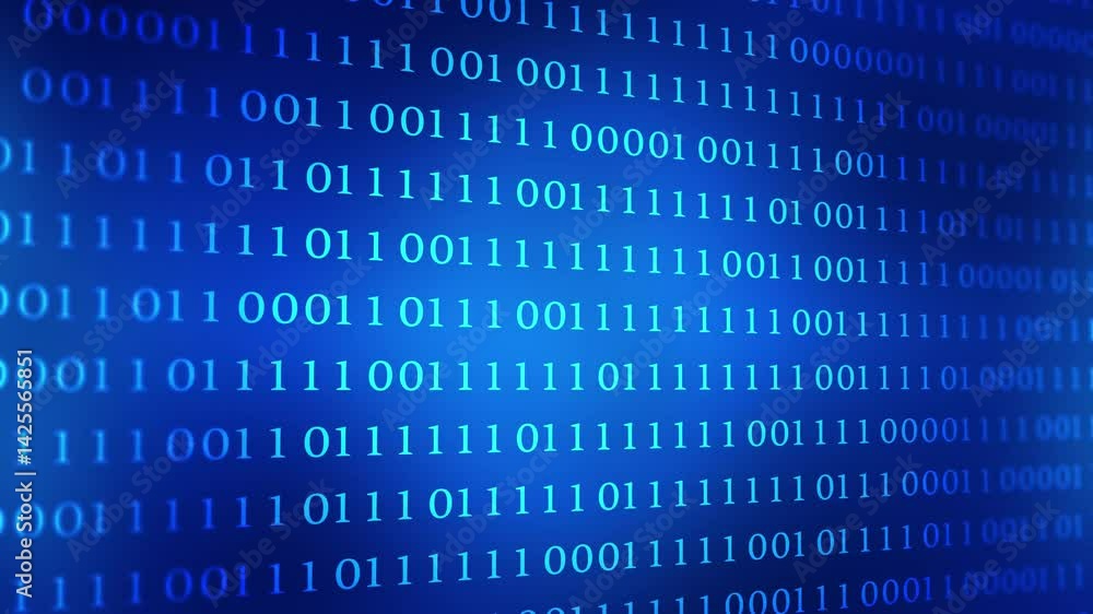 binary code animation on abstract blue illuminated background with copy space, computer language in motion for illustration of coding big data 