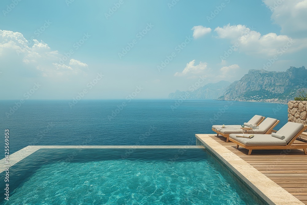 Fototapeta premium Modern minimalist rooftop pool with wooden deck and infinity pool, offering clear ocean view and serene daylight atmosphere.