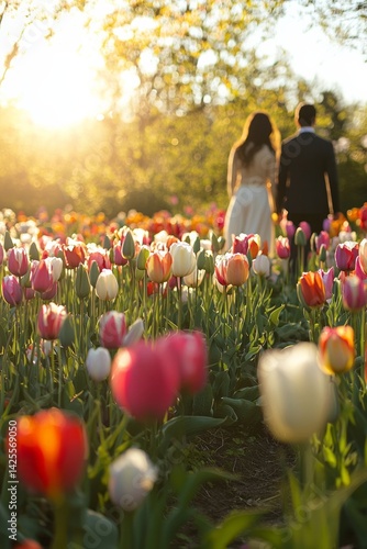 A field of blooming tulips in every color imaginable covers the landscape, bathed in the warm glow of the morning sun. A couple stands hand-in-hand, admiring the flowers around them