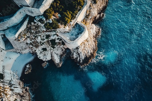 Photo of aerial view of the old city walls and cliffs in Dubrovnik, Croatia on a sunny summer day with blue water. View from above of the Old Town, an attractive summer holiday landscape