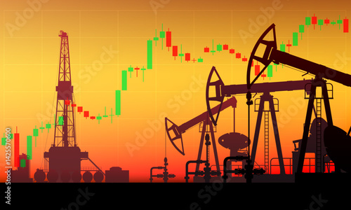 Prices are rising. Pumpjack on oil price chart, financial data. Land crude oil drilling rig, derrick, pump jack. Price per barrel. Onshore production, industry, business. Silhouette, desert. Vector