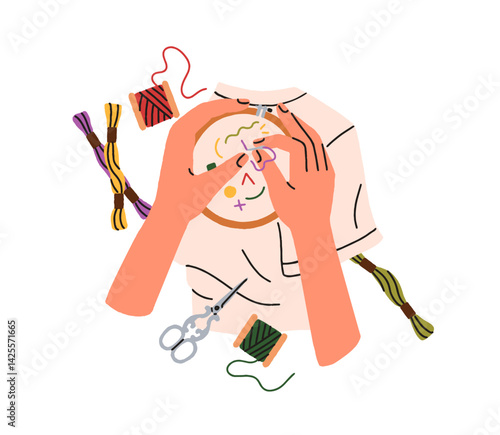 Embroidery, craft process, hands with needle stitching. Needlecraft, needlewo...