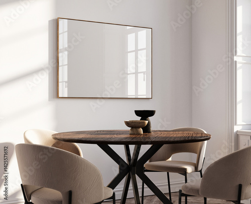 Mock up poster in interior, close up, pure light and shadow, 3d illustration.