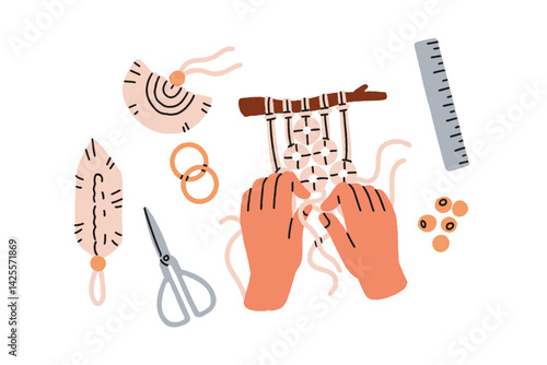 Macrame, woven cord decor. Hands weaving with rope, string knot. DIY handcraft, handwork. Creating handmade decoration, craftwork, handicraft. Flat vector illustration isolated on white background