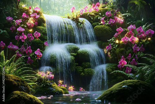 Lush waterfall cascading through a mystical orchid garden.