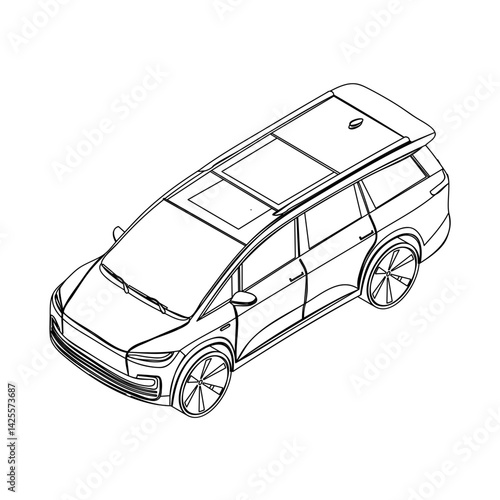 Isometric outline of a large family minivan in clean line art. Perfect for travel apps, brochures, or educational visuals.