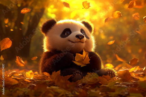 A cute panda surrounded by colorful autumn leaves in nature.