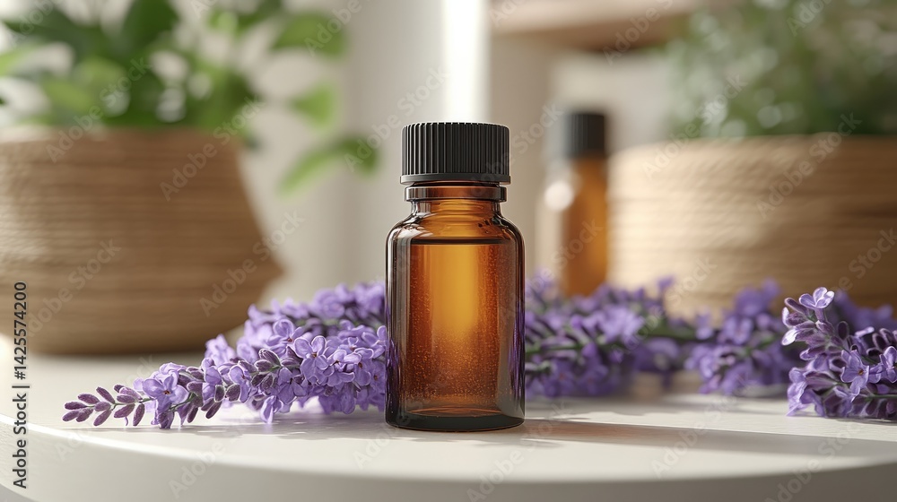 Lilac essential oil bottle in a clean, minimalistic setting, evoking natural simplicity and purity. Lilac essential oil bottle in a clean, minimalistic setting, evoking natural simplicity and purity.