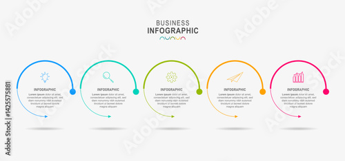 Line step infographic. 5 options workflow diagram, circle timeline number infograph, process steps chart. Linear vector infographics. Process order infographic