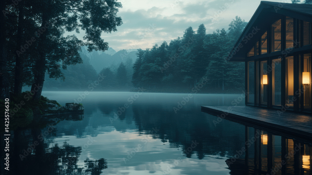 Fototapeta premium Serene lakeside retreat at dawn with misty mountains and tranquil reflections