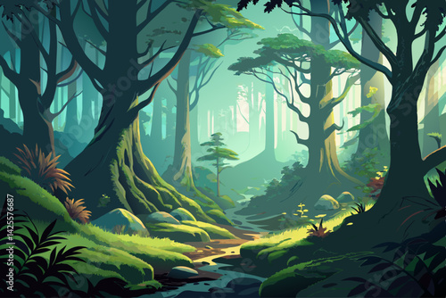 vector of A quiet misty forest with moss covered trees. Has mystery and natural beauty