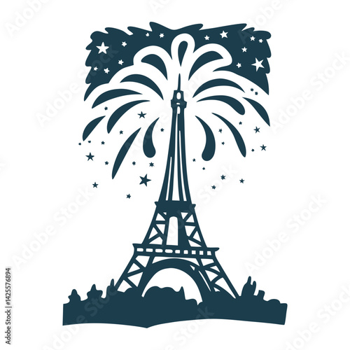 Eiffel Tower Fireworks - Bastille Day Celebration Bastille Day (14 Juillet) – Eiffel Tower with fireworks bursting overhead