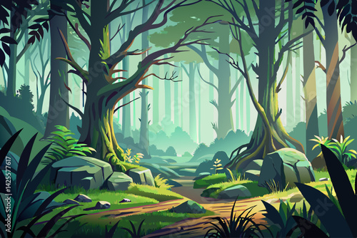 vector of A quiet misty forest with moss covered trees. Has mystery and natural beauty