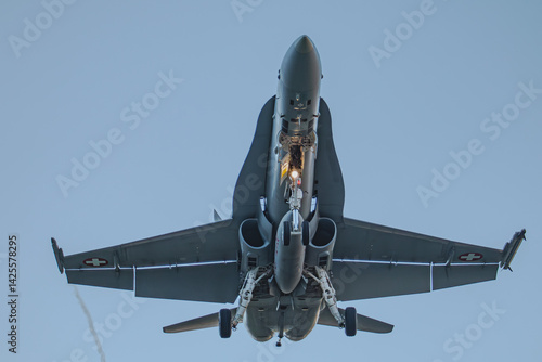 An F/A-18 of the Swiss Air Force approaches for landing and taxis on the runway at the airbase. The powerful jet contrasts against the sky, showcasing precision and modern military aviation.