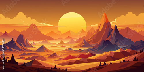 Silhouette valley illustration in the country desert landscape at sunset time