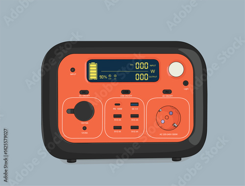 Orange portable power station, concept of backup energy. Vector illustration design