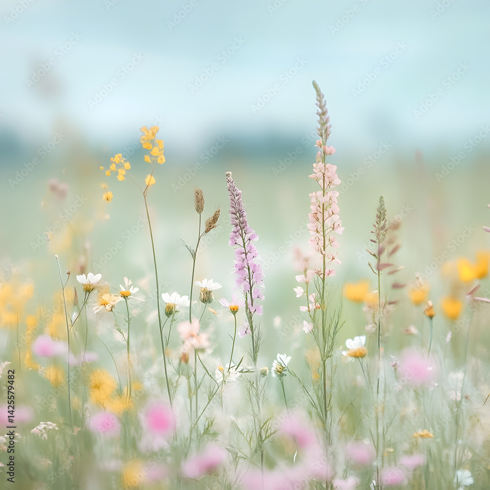 Obraz premium Floral Symphony: A captivating close-up of a vibrant field of wildflowers, showcasing delicate petals and verdant stems, painted with soft focus and subtle hues.
