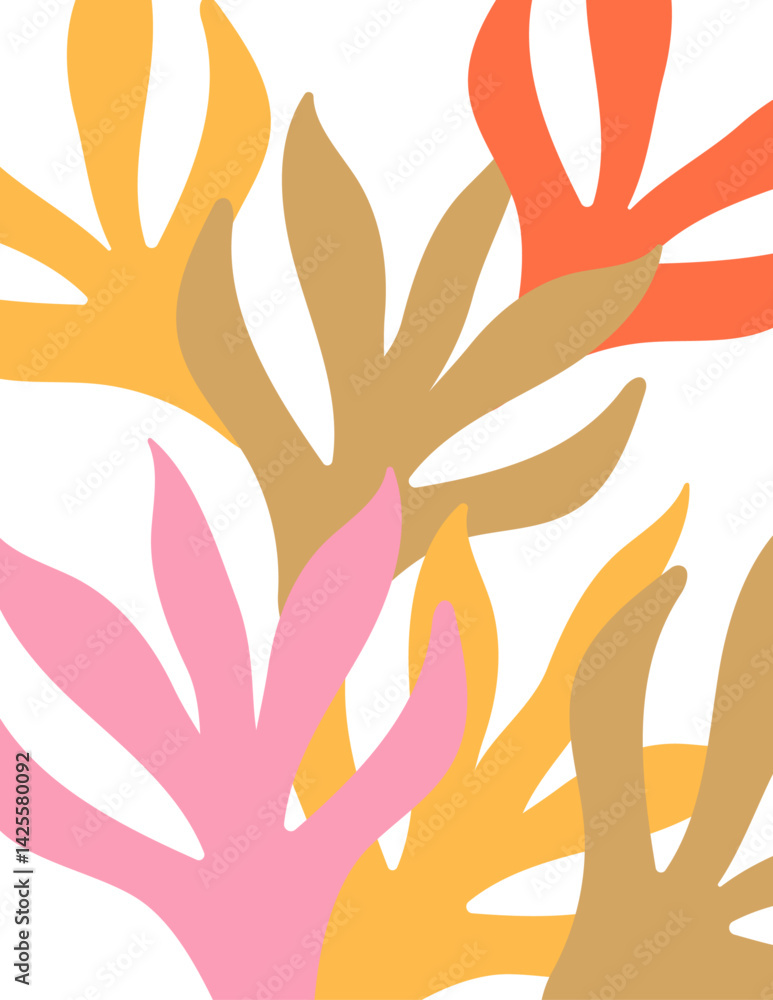 Obraz premium Vector artwork in a simple Matisse-inspired, naive, and groovy hippie style, featuring hand-drawn botanical elements and plants. Ideal for modern prints, posters, placards, and decorative frames.