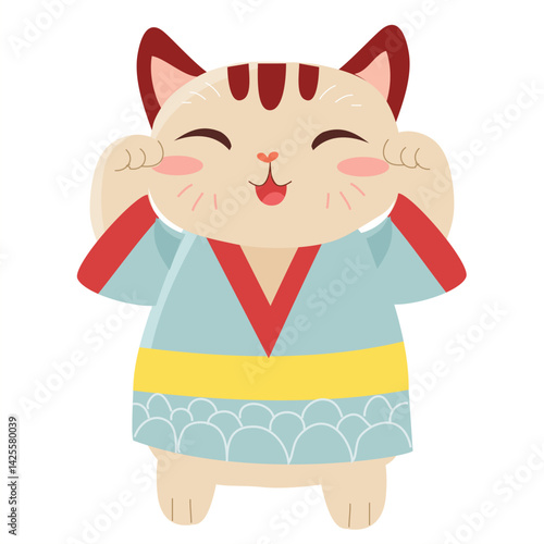 Maneki-neko Japan lucky cat character. Cute vector for kids fashion artworks, children books, birthday invitations, greeting cards, posters.