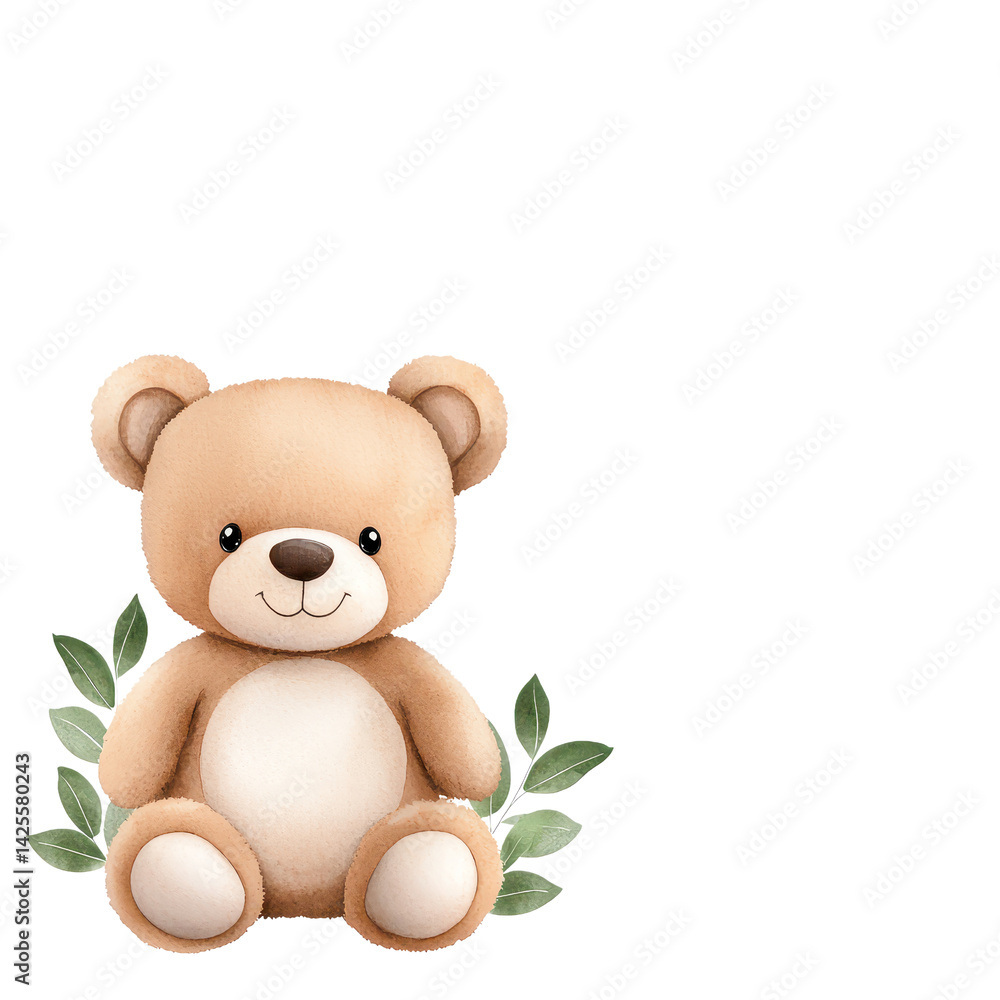 Obraz premium Adorable plush teddy bear surrounded by green leaves. isolated against a transparent background.