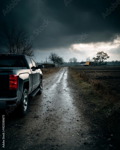 A truck parked beside a rural road under dark, moody skies and approaching rain.