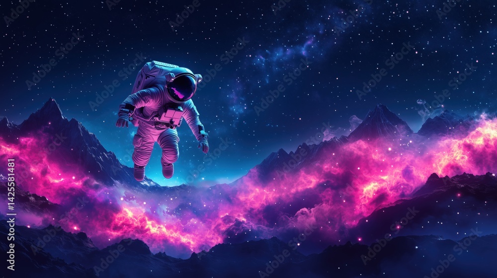Astronaut floating in neon purple and pink galaxy Astronaut floating in neon purple and pink galaxy