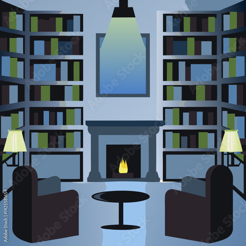 Modern Library Living Room with Tall Shelves and Fireplace