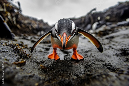 Photograph of a penguin walking on the beach, with its wings spread out and orange feet visible, showing off for all to see. The image is taken at a 2/3 angle using a wide-angle lens, capturing 