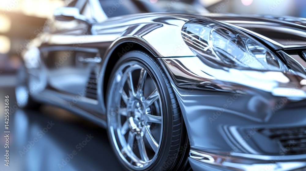 Sleek Chrome Car Detail in Urban Setting Sleek Chrome Car Detail in Urban Setting