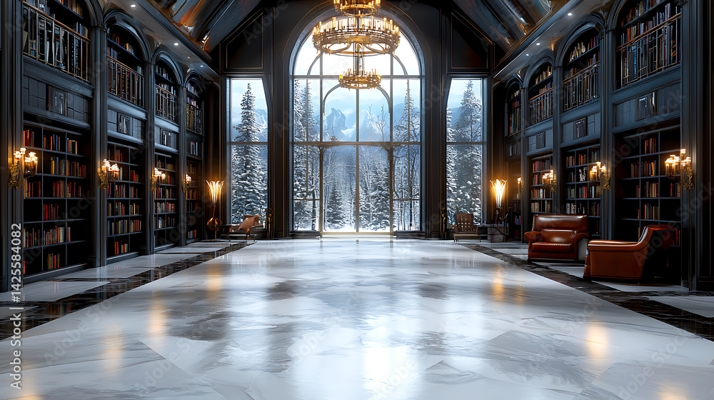 Obraz premium Elegant library gathering with snowy mountains luxurious interior cozy reading space winter wonderland serene atmosphere