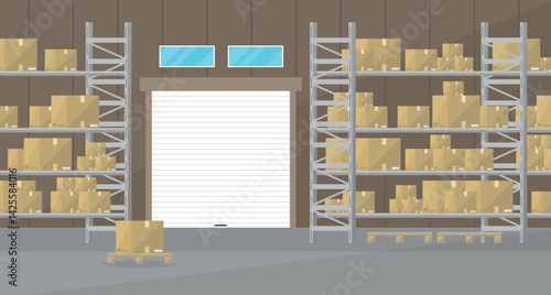 Warehouse interior with roller shutters and boxes. Logistics warehouse for cargo storage.