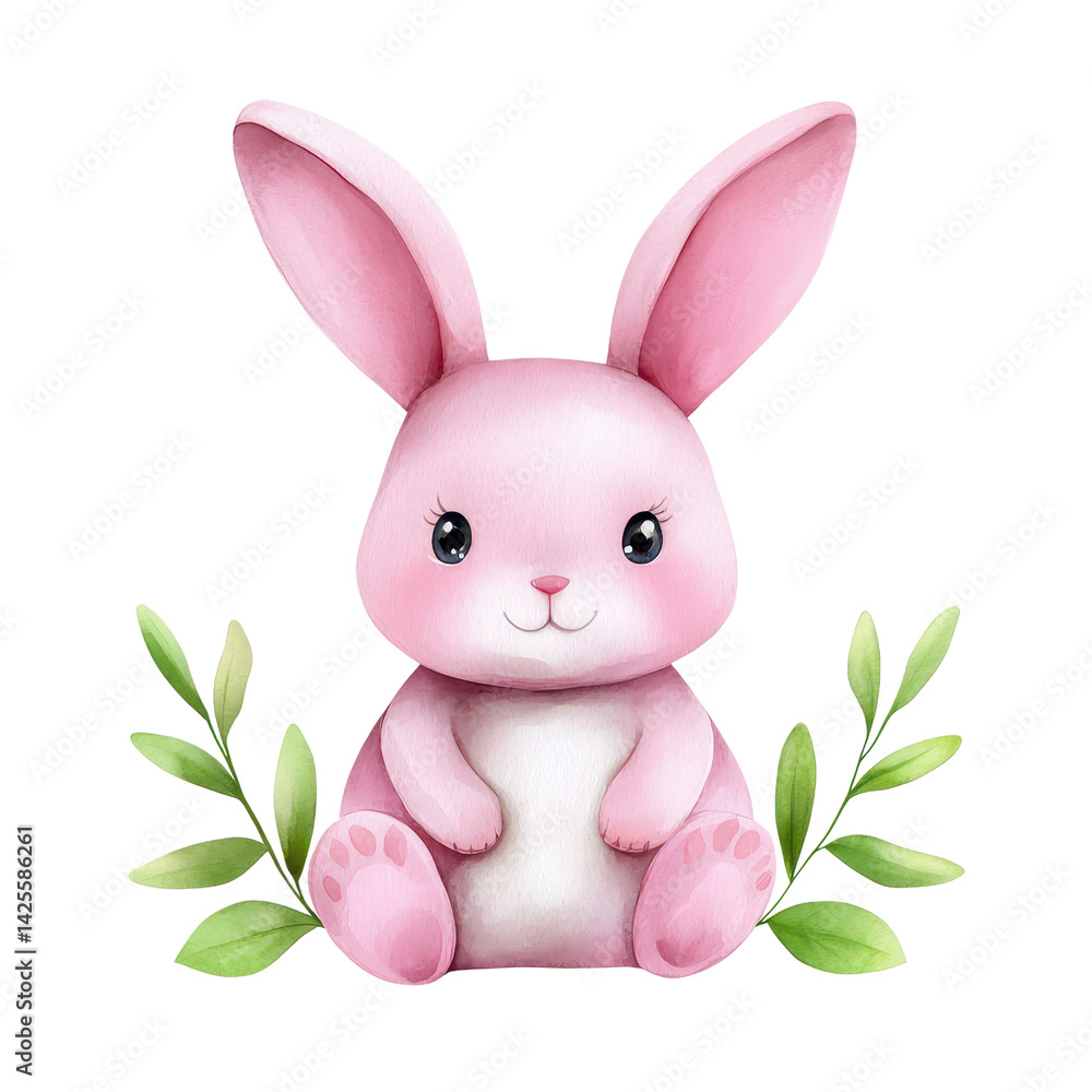 Obraz premium Cute pink bunny sitting among green leaves, perfect for cheerful designs. isolated against a transparent background.