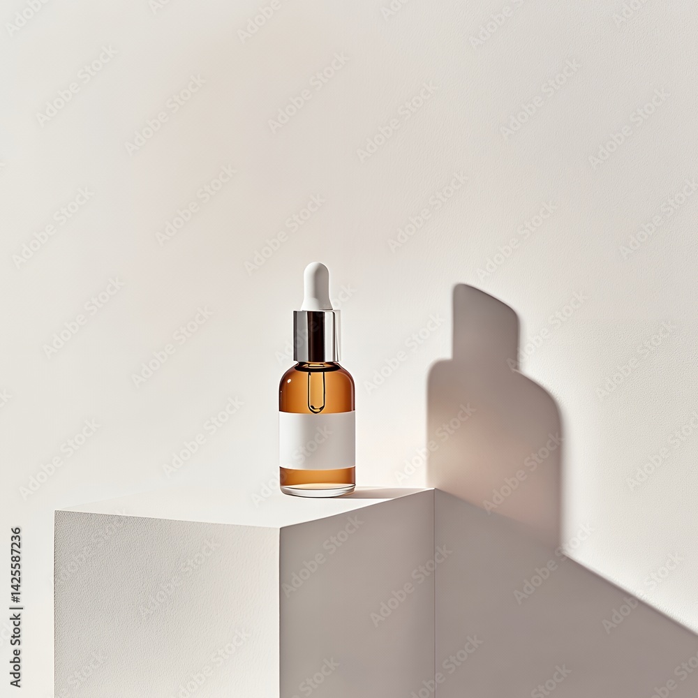 Amber glass bottle with dropper and blank label on a white cube with a shadow on the white wall Amber glass bottle with dropper and blank label on a white cube with a shadow on the white wall