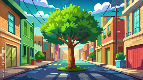 A peaceful green tree stands tall in the middle of a quiet city alley