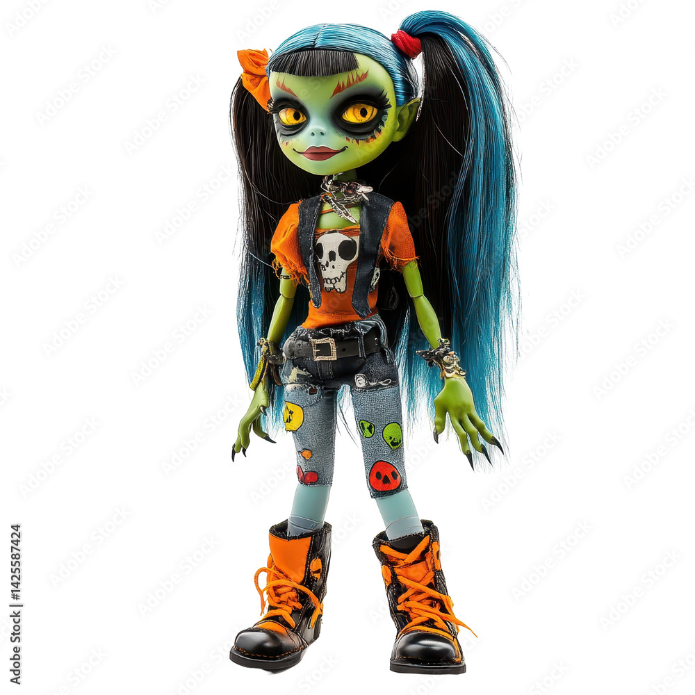 Unique green doll with blue hair and spooky outfit stands in a brightly lit room on a vibrant autumn day Unique green doll with blue hair and spooky outfit stands in a brightly lit room on a vibrant autumn day