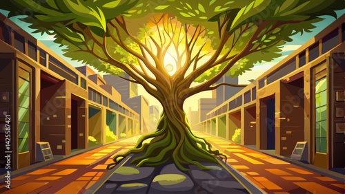 Sunlight filters through leaves of a tree rooted firmly in the alley's heart
