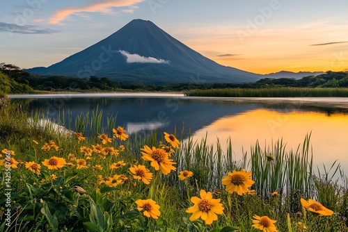 Mountain view over lake with yellow flowers and sunrise reflecting in the water at ometepe island