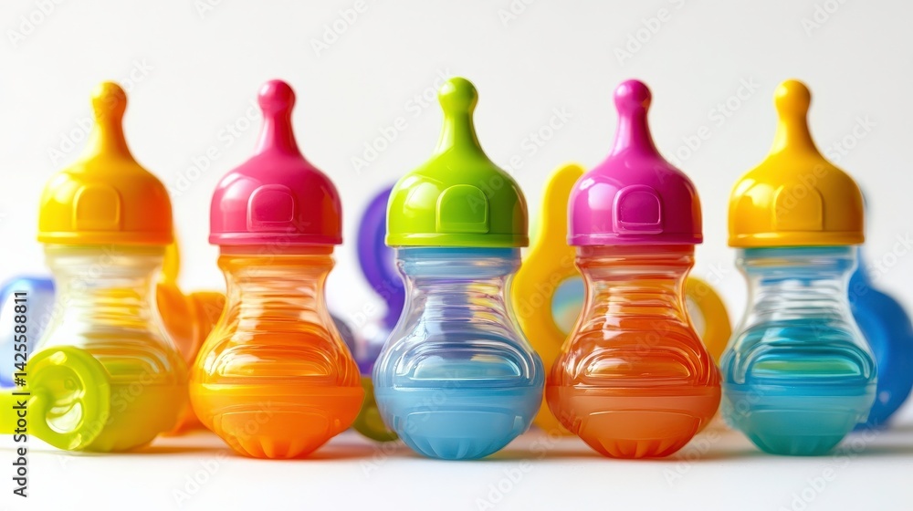 Colorful Bottles and Pacifiers on Bright Background Colorful Bottles and Pacifiers on Bright Background