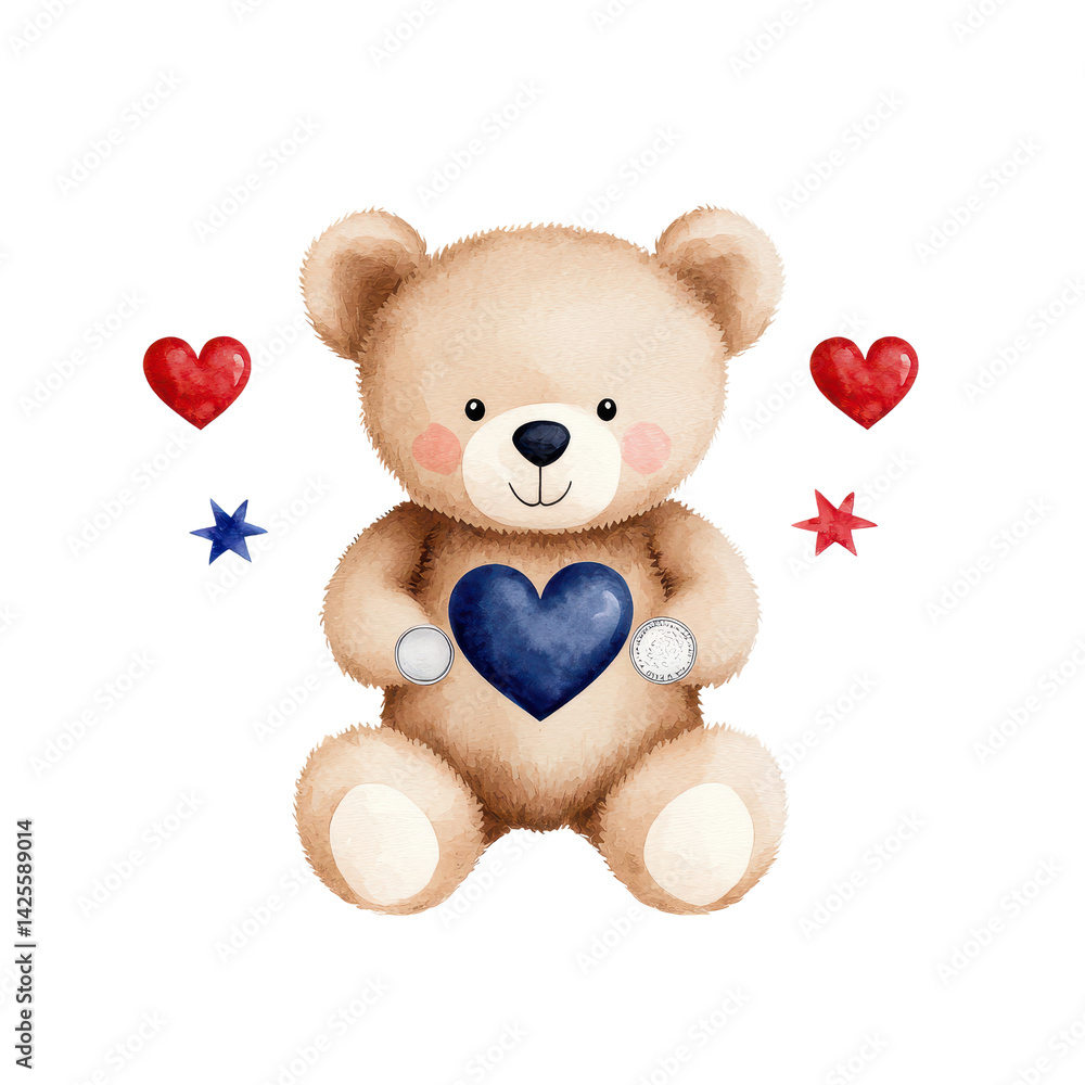 Cute teddy bear holding a blue heart surrounded by colorful hearts. isolated against a transparent background. Cute teddy bear holding a blue heart surrounded by colorful hearts. isolated against a transparent background.