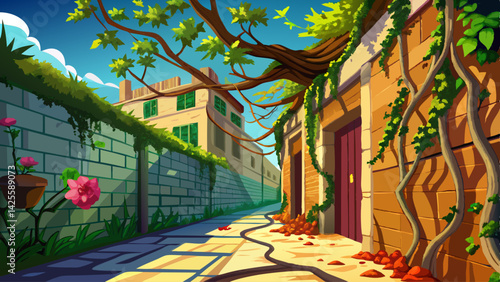 Vines creep up the walls as a solitary tree blooms in the alley’s path