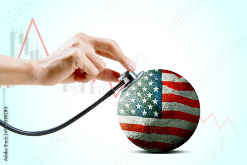 Healthcare Diagnosis of U.S. Economy – Stethoscope on American Flag Sphere